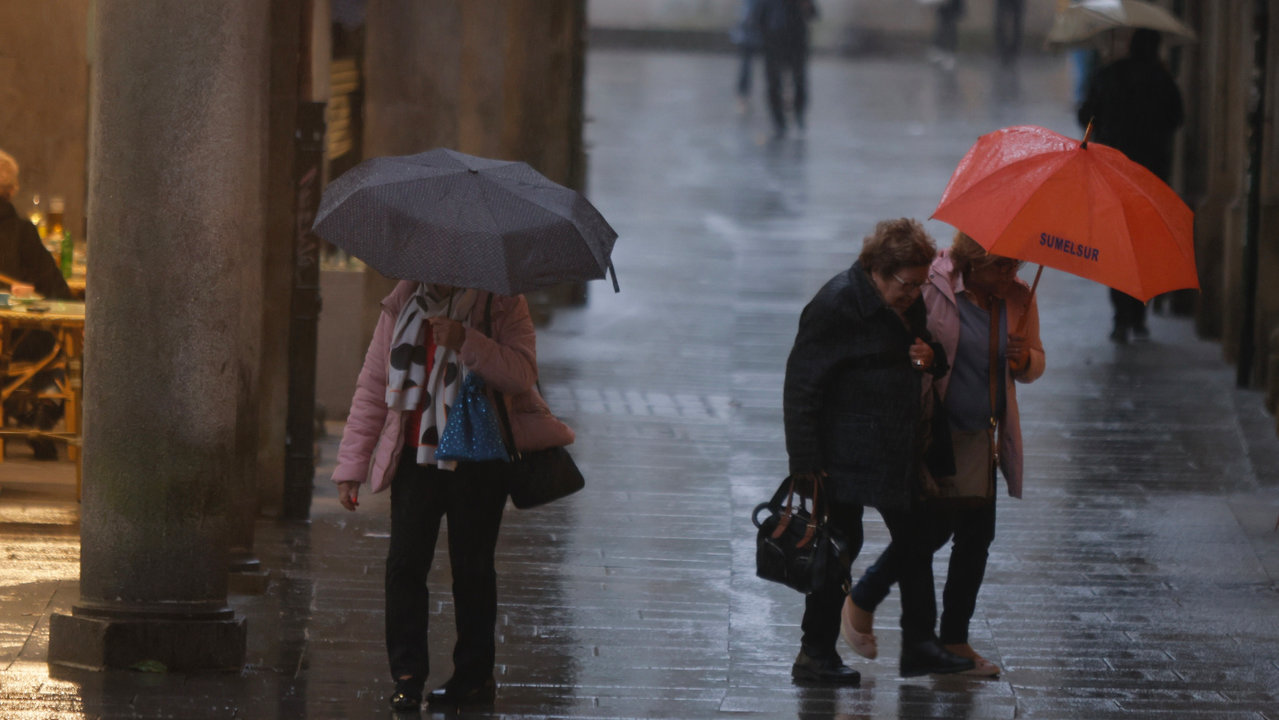 <p> Gente caminando bajo la lluvia en Pontevedra. GONZALO GARCÍA </p>