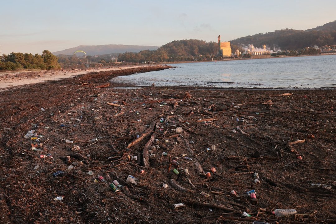  Cientos de botellas de plástico, latas y otra basura de origen humano, entre los restos orgánicos acumulados en la playa de Lourido (Poio). RAFA FARIÑA 